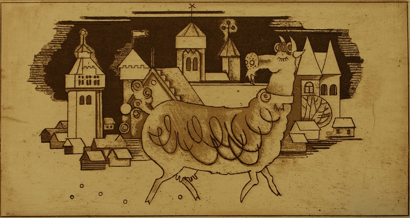 Illustration for book Songs of Seven Villages by Yanina Klimkovich, etching, 9x17cm