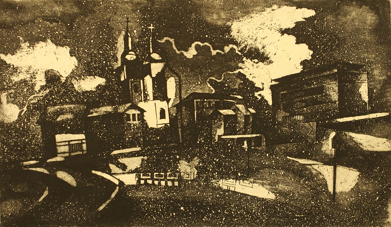 Evening Minsk by Yanina Klimkovich, etching, 15x26cm