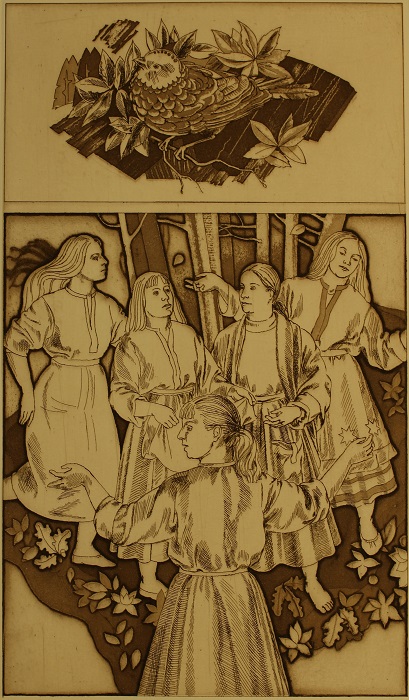 Illustration for book Songs of Seven Villages by Yanina Klimkovich, etching, 29x17cm