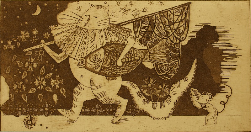 Illustration for book Songs of Seven Villages by Yanina Klimkovich, etching, 9x17cm